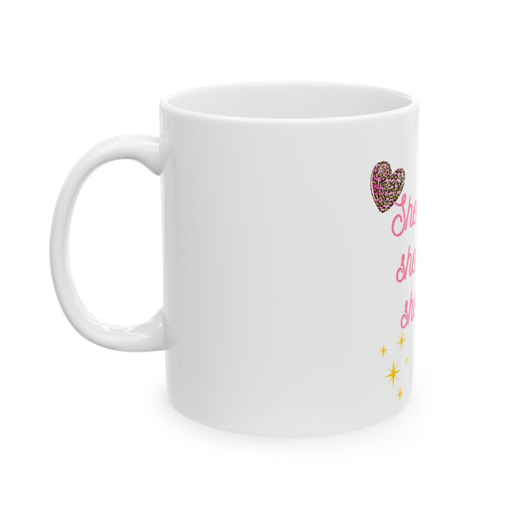 She Is Who She Thinks She Is Ceramic Mug — Inspirational Pink Script Coffee Cup