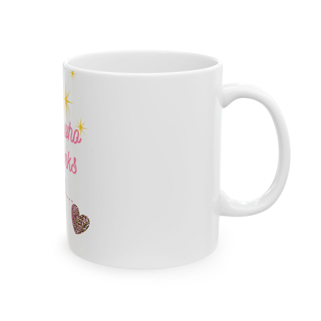 She Is Who She Thinks She Is Ceramic Mug — Inspirational Pink Script Coffee Cup